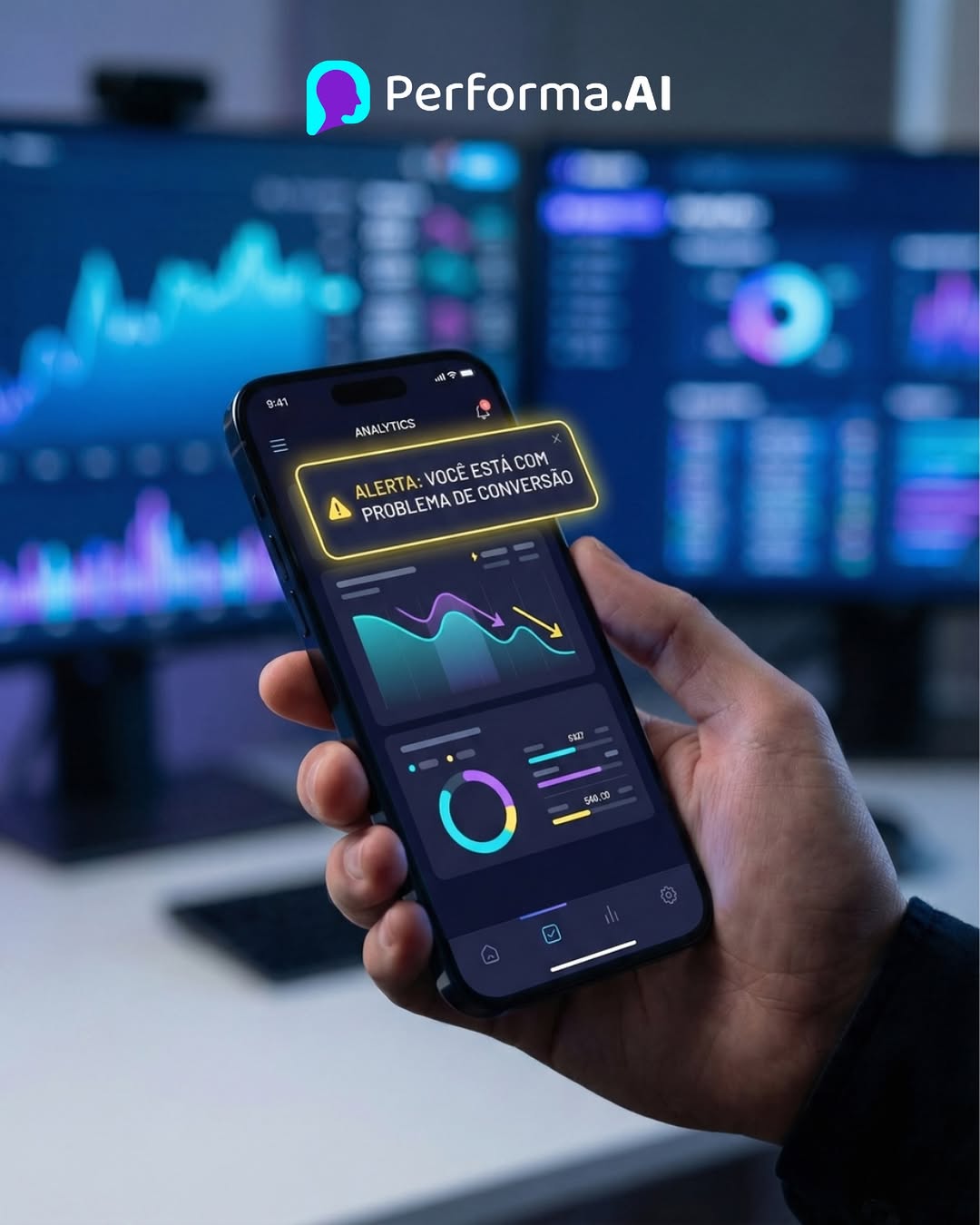 Photo by Performa.AI - Soluções para Ecommerce on January 25, 2026. May be an image of thermostat, screen and text that says 'Performa.Al .AI 9:41 - ANALYTICS ALERTA:VOCEESTAC ALERTA: VOCÊ ESTÁ ! PROBLEMADE PROBLEMADE.CONVERSÃO PROBL DE CONVERSÃO STA COM Για'.
