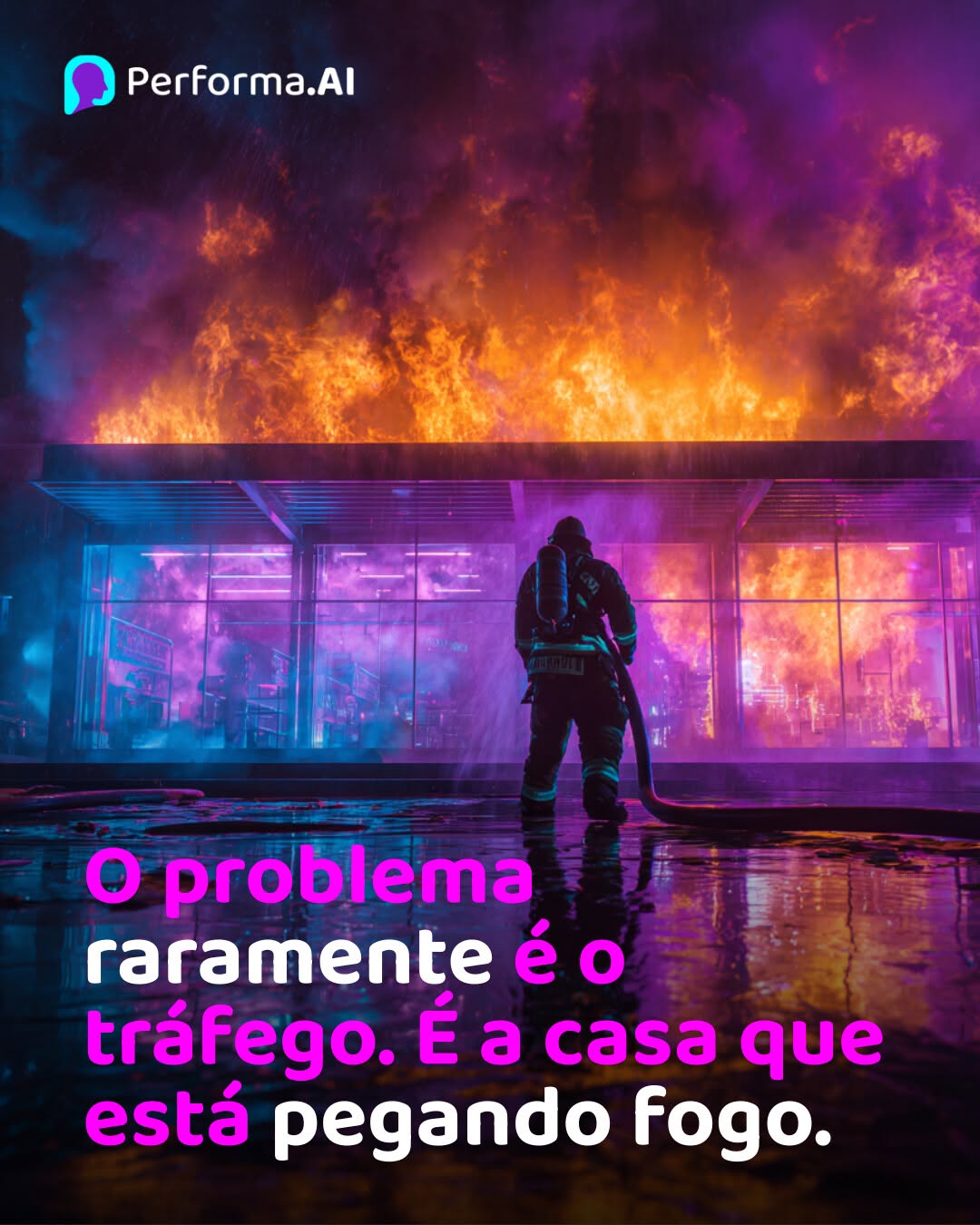 Photo by Performa.AI - Soluções para Ecommerce on February 06, 2026. May be a meme of fire and text that says 'Performa.Al o problema raramente é o tráfego. É a casa que está pegando fogo.'.
