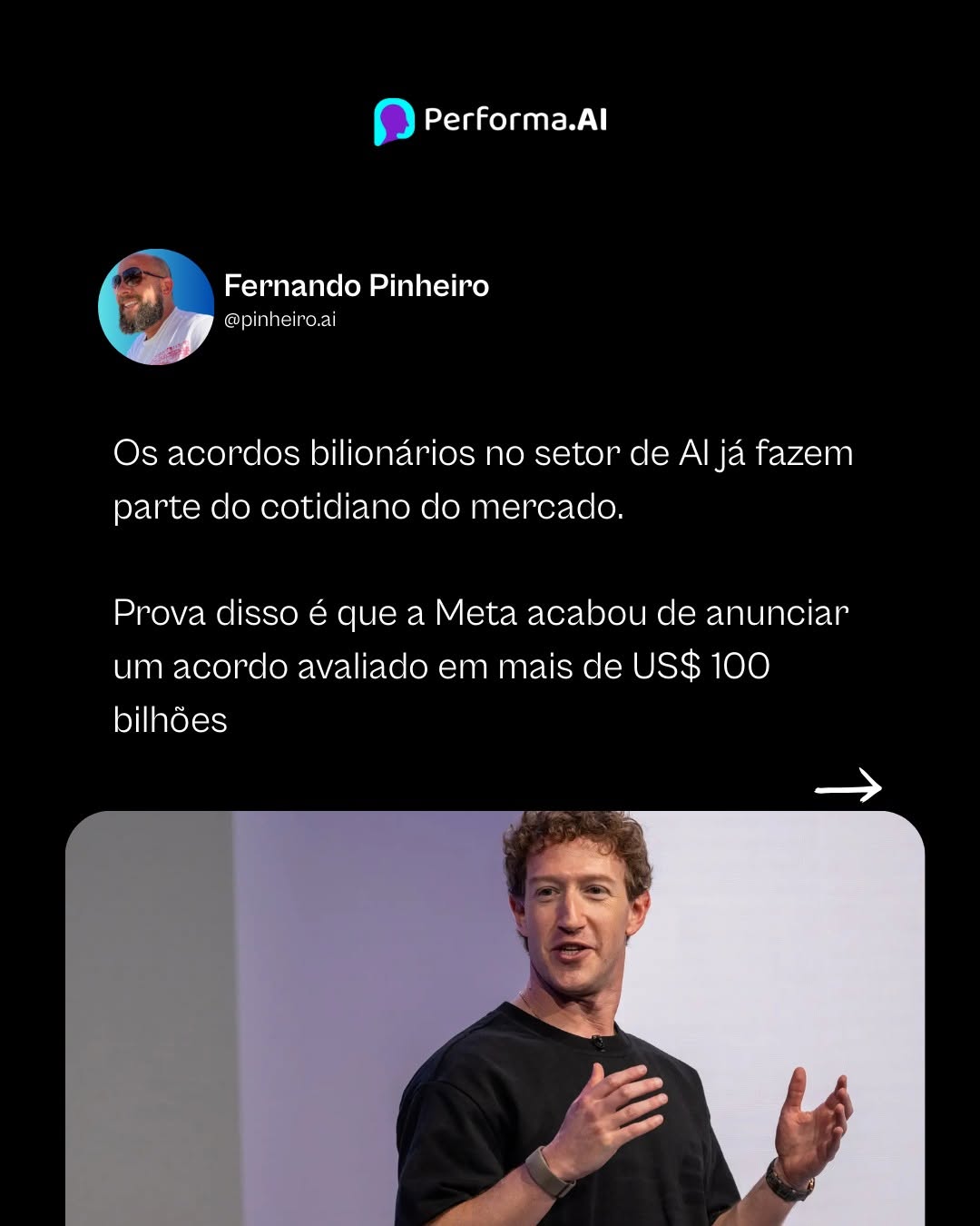 Photo by Performa.AI - Soluções para Ecommerce on February 26, 2026. May be a Twitter screenshot of text that says 'Performa.Al Fernando Pinheiro @pinheiro.ai Os acordos bilionários no setor de Al deAljá já fazem parte do cotidiano do mercado. Prova disso é que a Meta acabou de anunciar um acordo avaliado em mais de US$ 100 bilhões'.