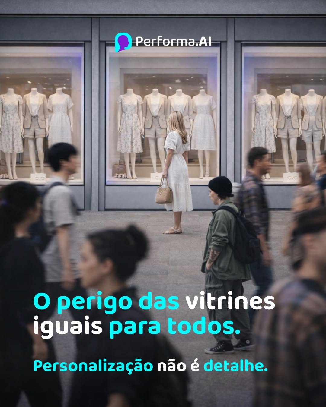 Photo by Performa.AI - Soluções para Ecommerce on March 04, 2026. May be a meme of one or more people, top, display case and text that says 'Performa.Al o perigo das vitrines iguais para todos. Personalização não é detalhe.'.