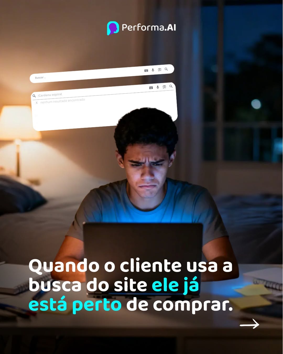 Photo by Performa.AI - Soluções para Ecommerce on March 06, 2026. May be a meme of text that says 'Performa.Al BUsCr. ٩ a Cardenu spiral Xrenhumreadtudbencrtnvda Quando o cliente usa a busca do site ele já está perto de coTprar. de'.