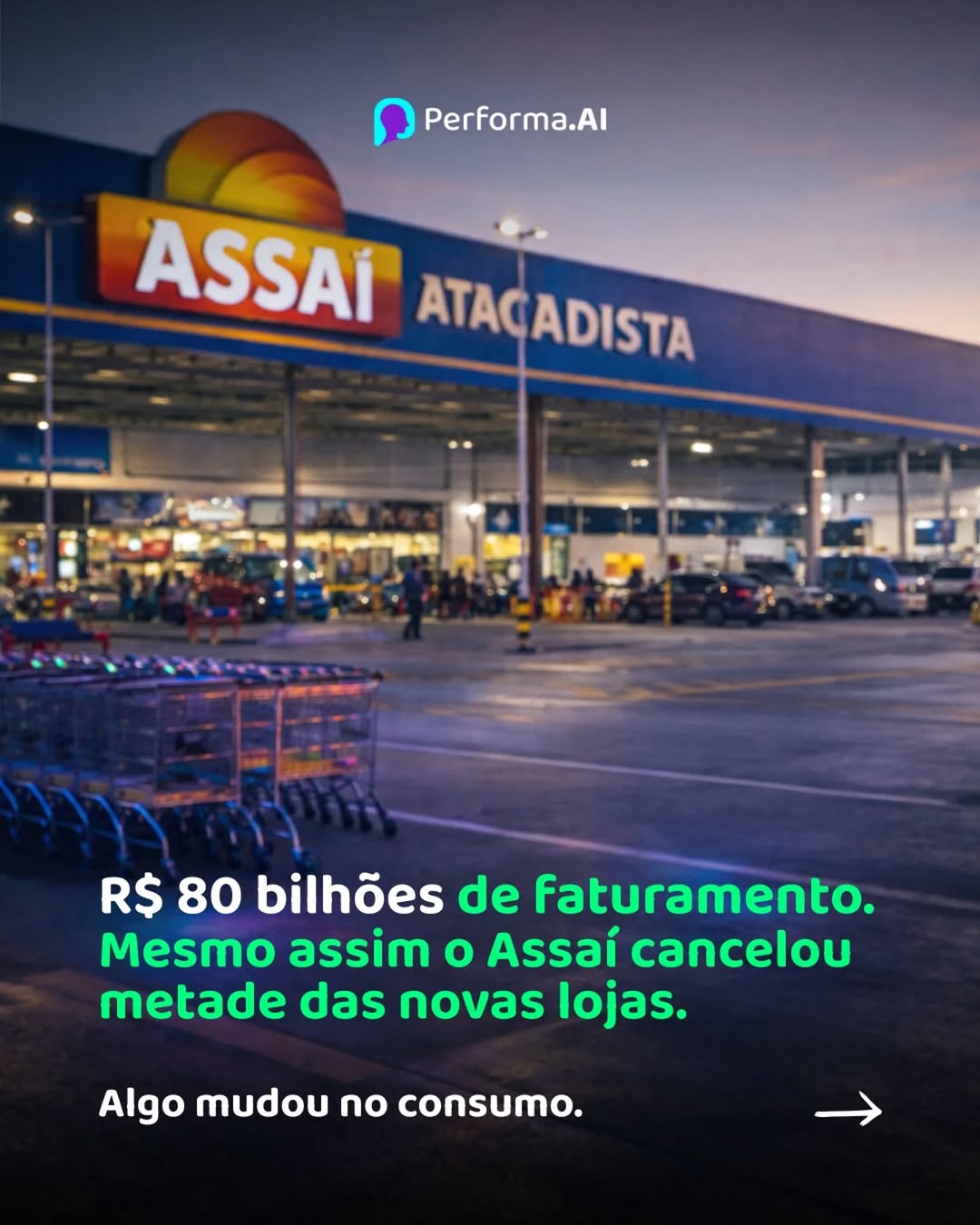 Photo by Performa.AI - Soluções para Ecommerce on March 11, 2026. May be a meme of text that says 'Performa.Al ASSAI ATACADISTA R$ 80 bilhões de de faturamento. Mesmo assim o Assaí cancelou metade das novas lojas. Algo mudou nO consumo.'.