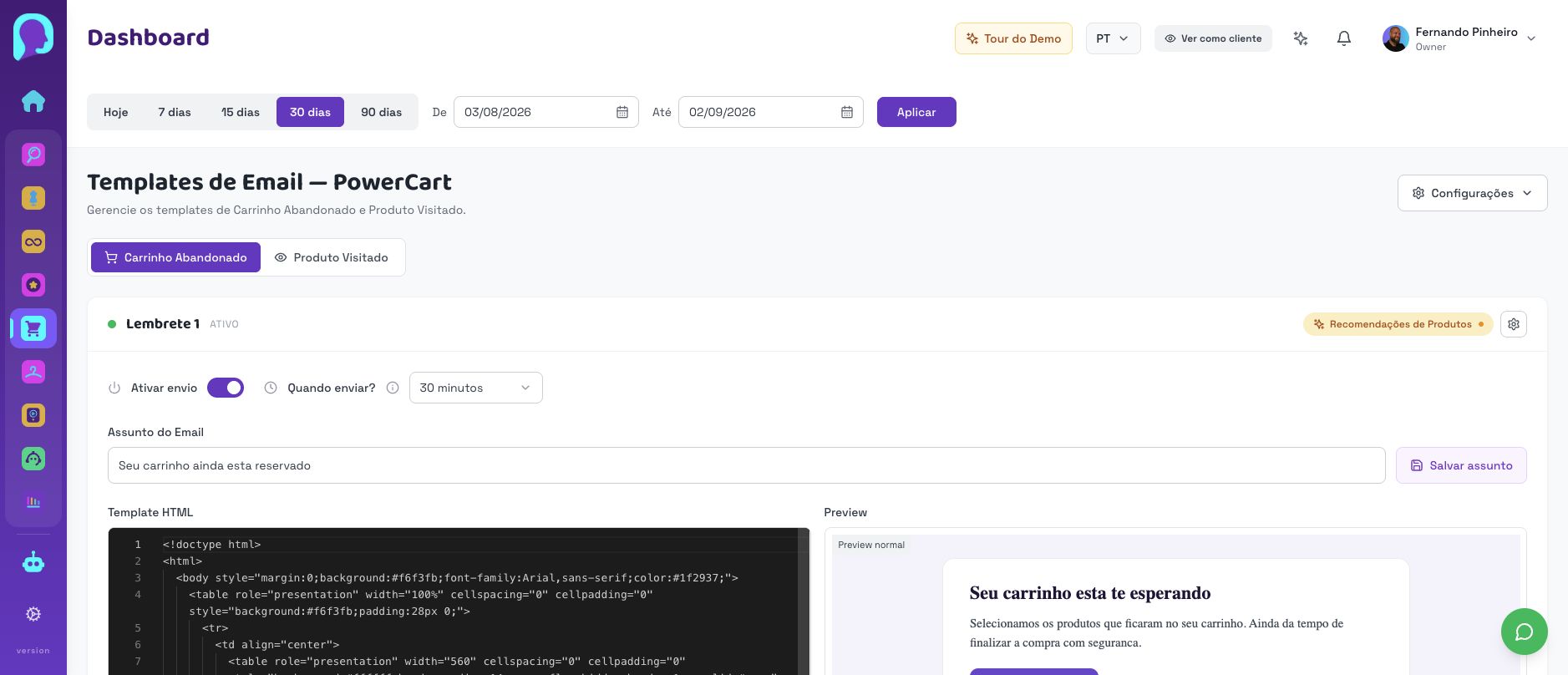 Tela atual de Templates de Email do PowerCart