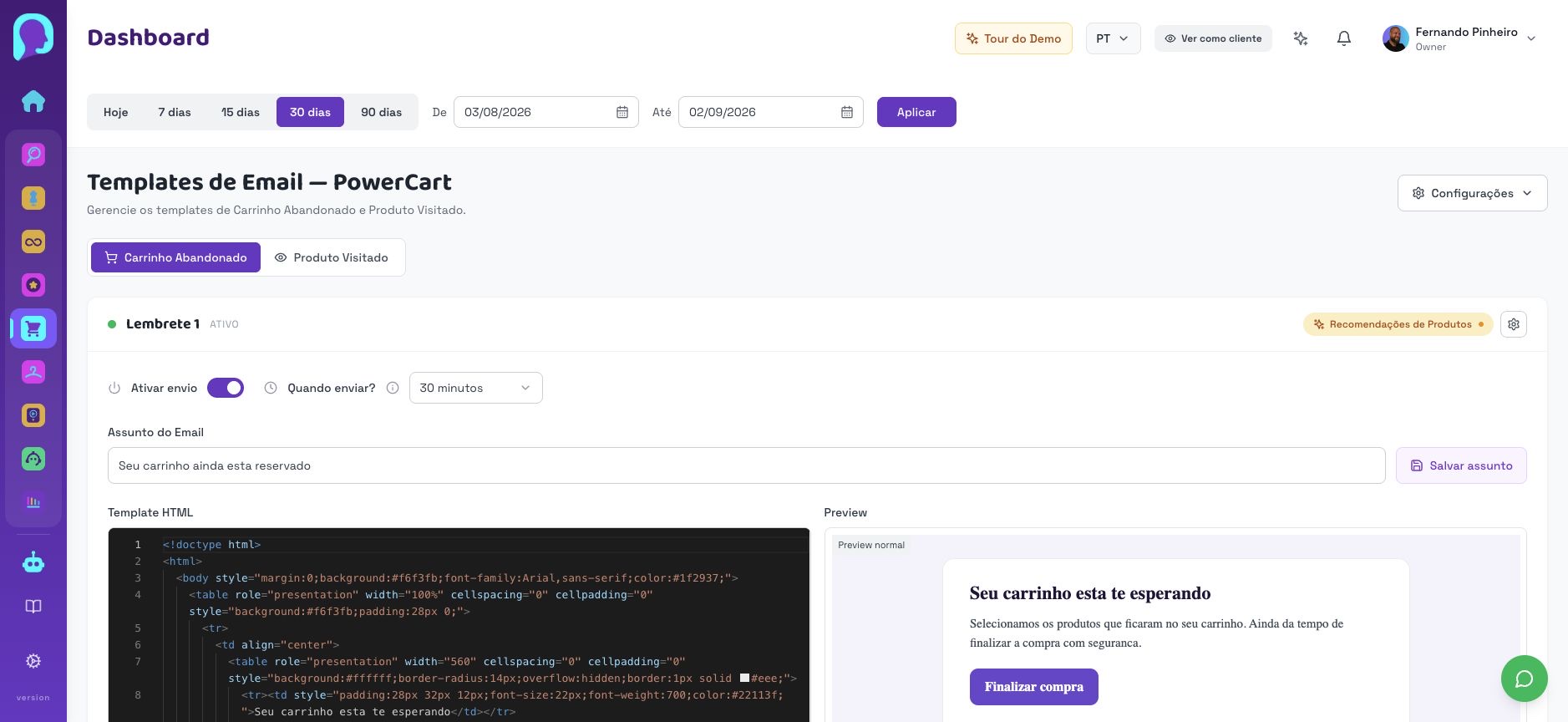 Tela atual de Templates com os fluxos Carrinho Abandonado e Produto Visitado