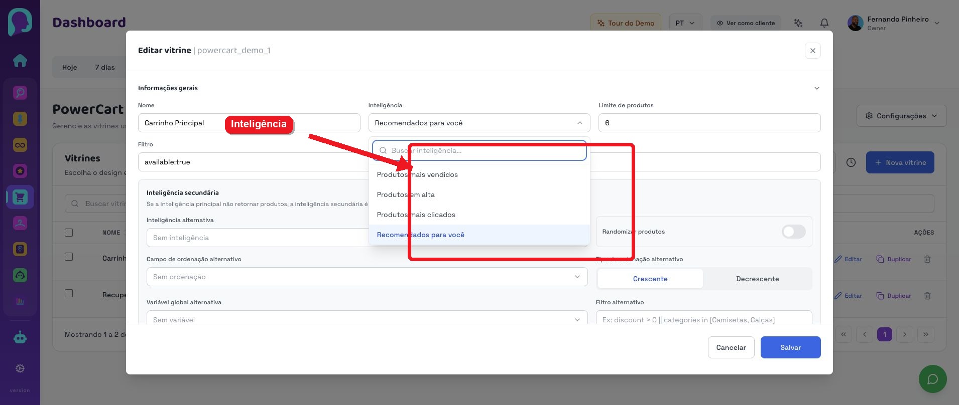 Dropdown de Inteligência da vitrine do PowerCart destacado