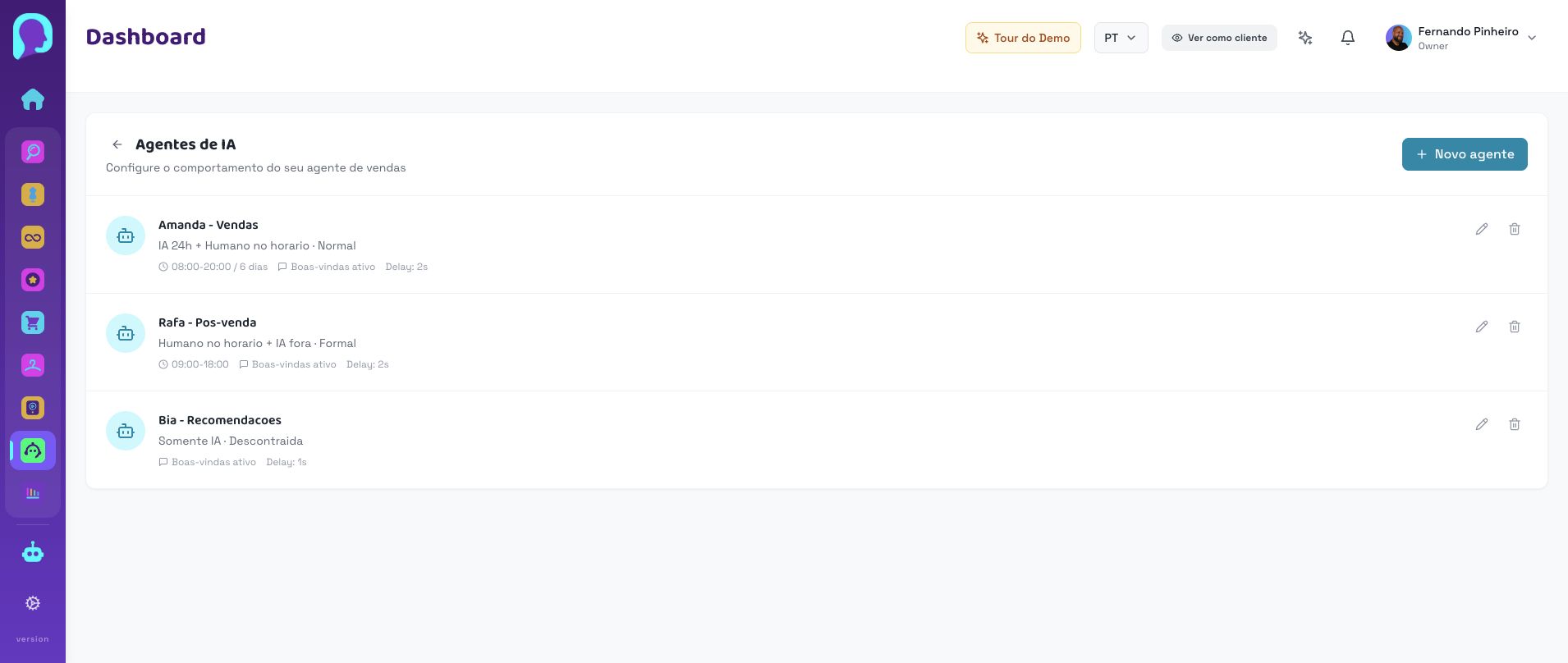 Tela atual de agentes de IA do PowerChat