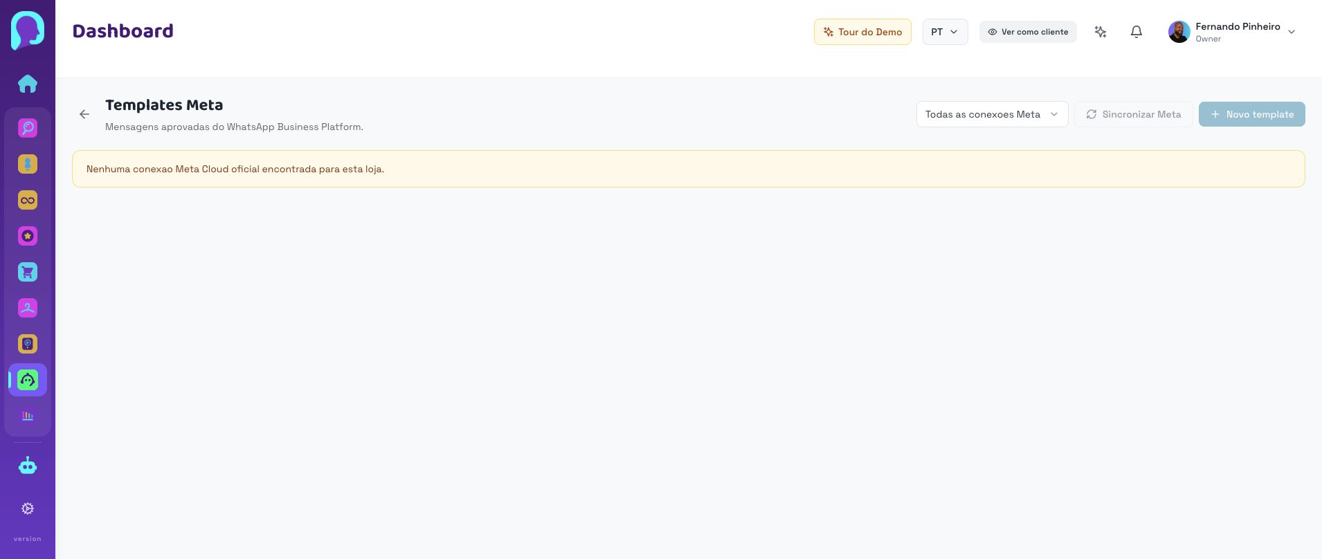 Tela atual de templates Meta do PowerChat