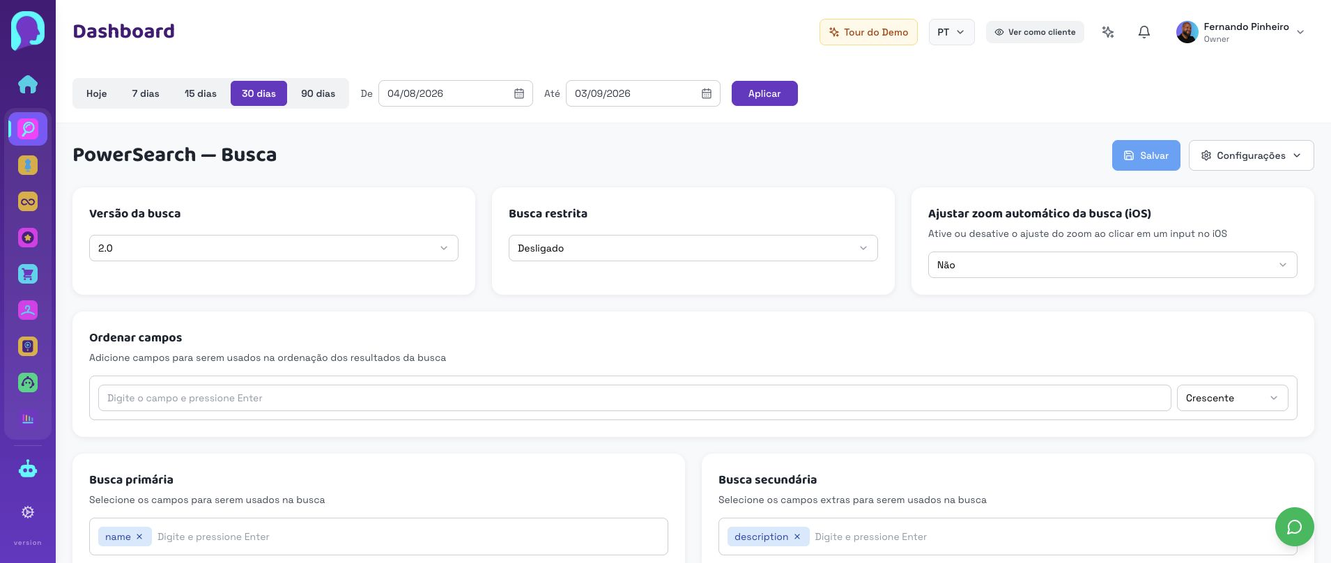 Configurações atuais do PowerSearch no painel Performa.AI