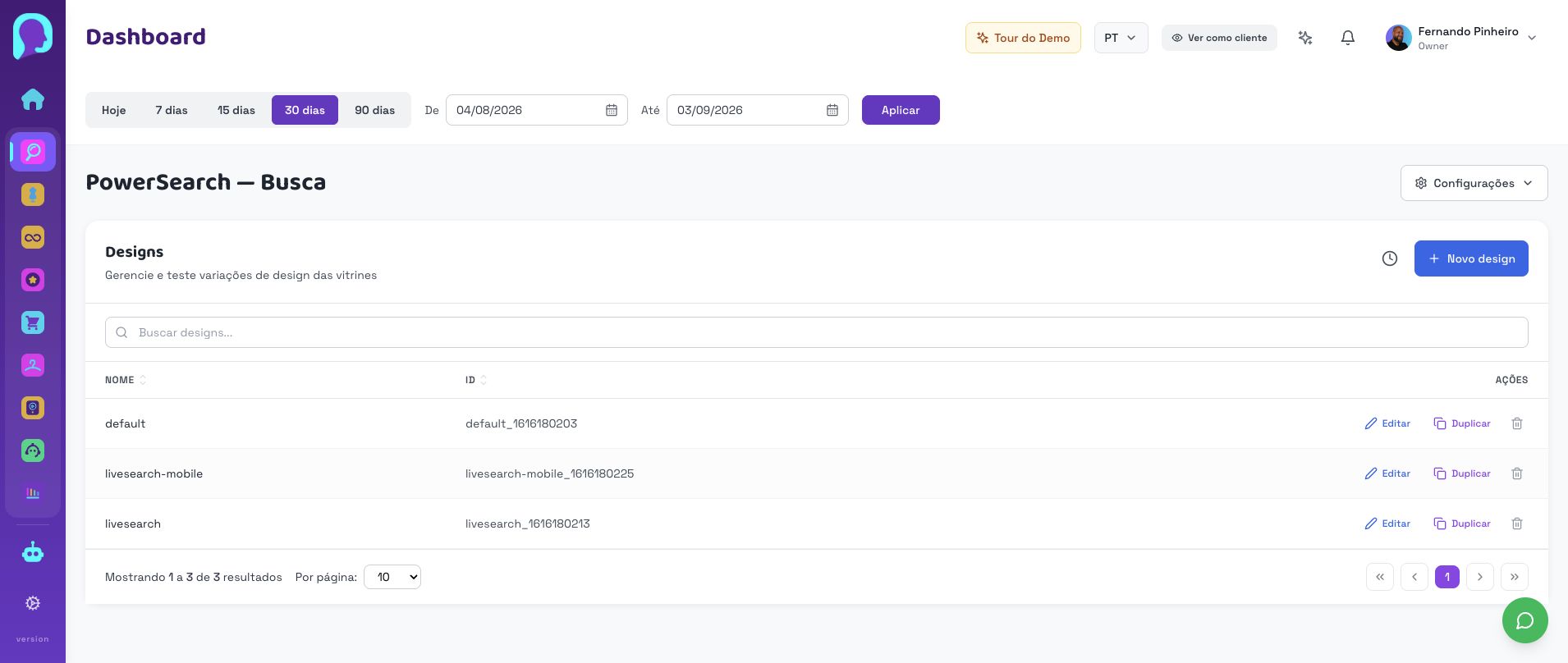 Tela atual de designs do PowerSearch