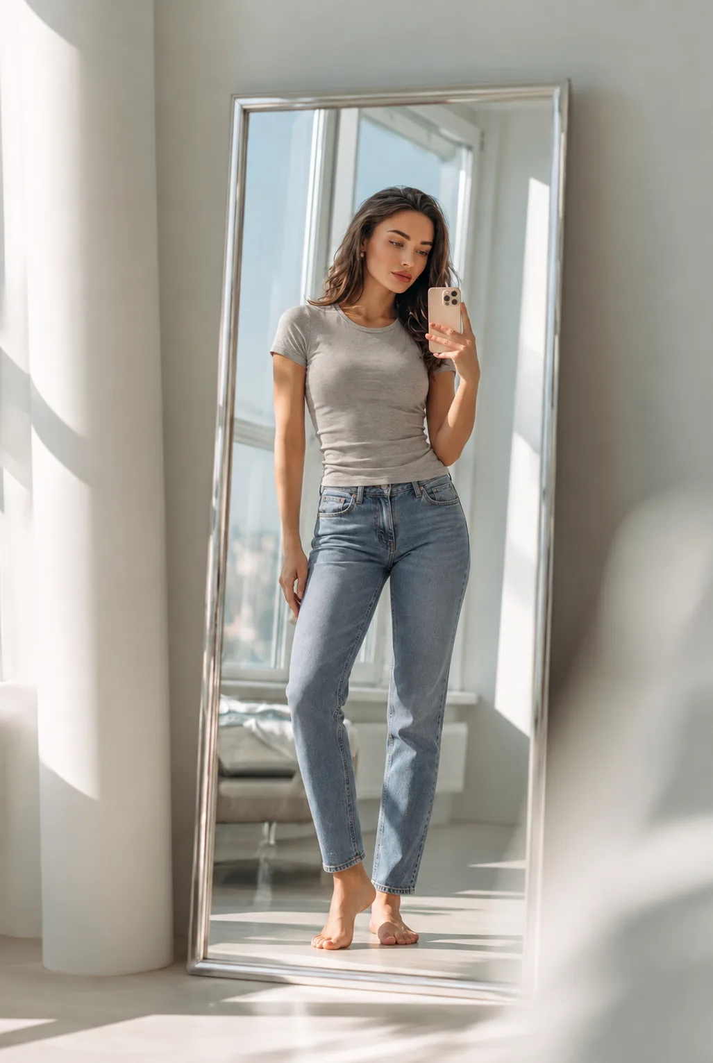 Pessoa com roupa básica antes da visualização de um novo look