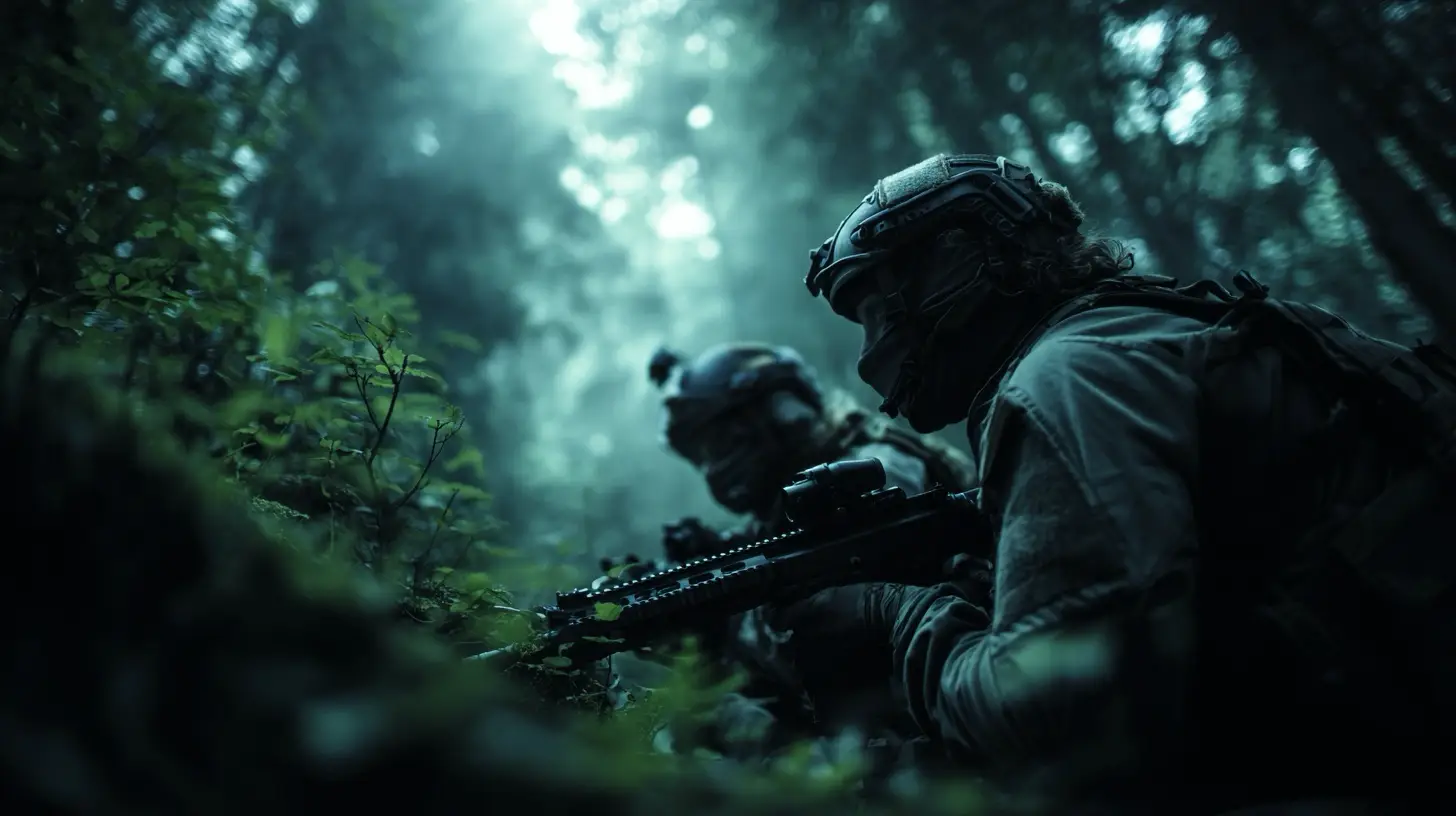 Equipamento tático de airsoft em ambiente de campo com iluminação cinematográfica