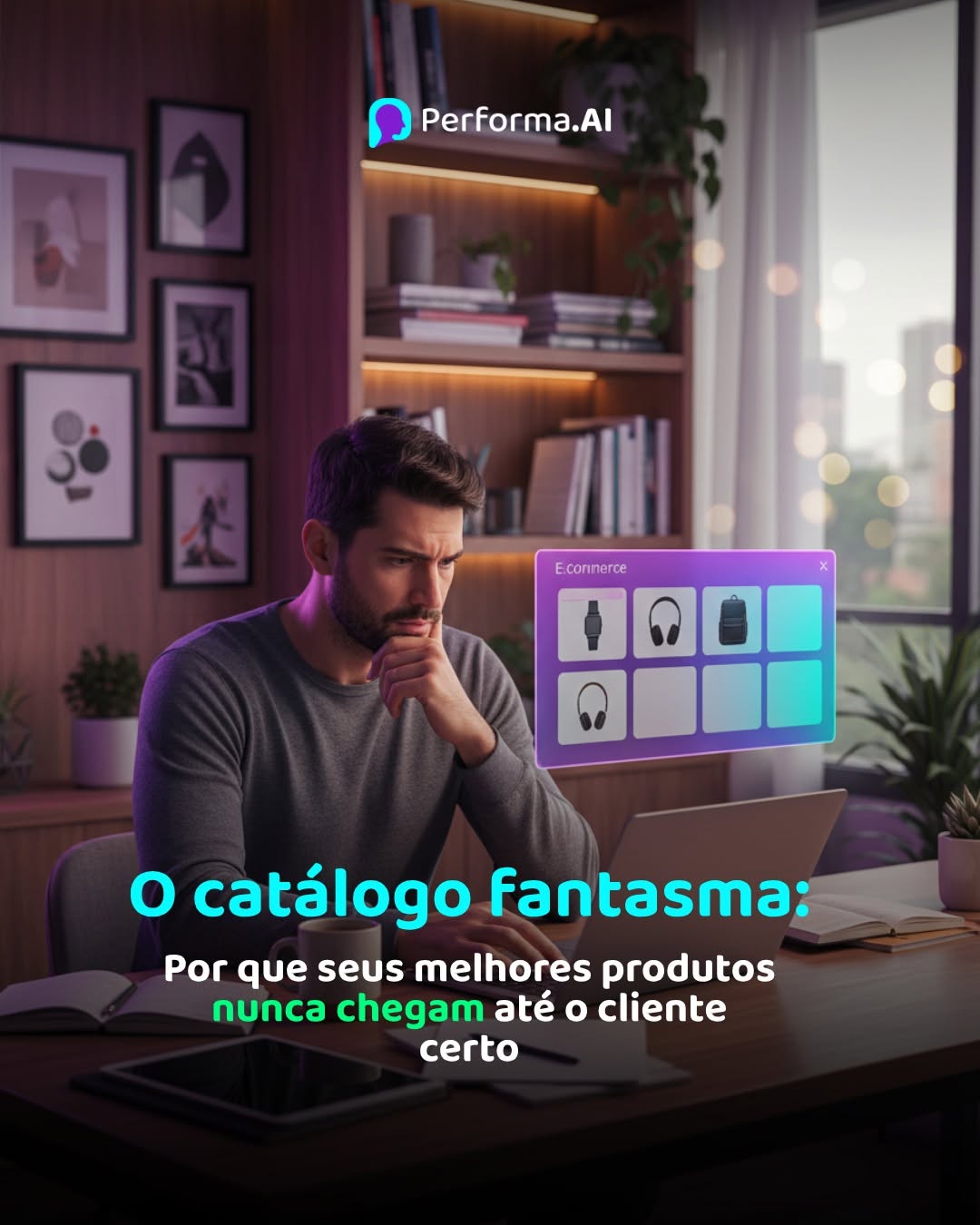 Photo by Performa.AI - Soluções para Ecommerce on March 20, 2026. May be a meme of mouse pad, screen, computer keyboard, tablet and text that says 'Performa.Al E.cornerce g000 o catálogo fantasma: Por que seus melhores Porqueseusmelhoresprodutos produtos nunca chegam até O cliente certo'.