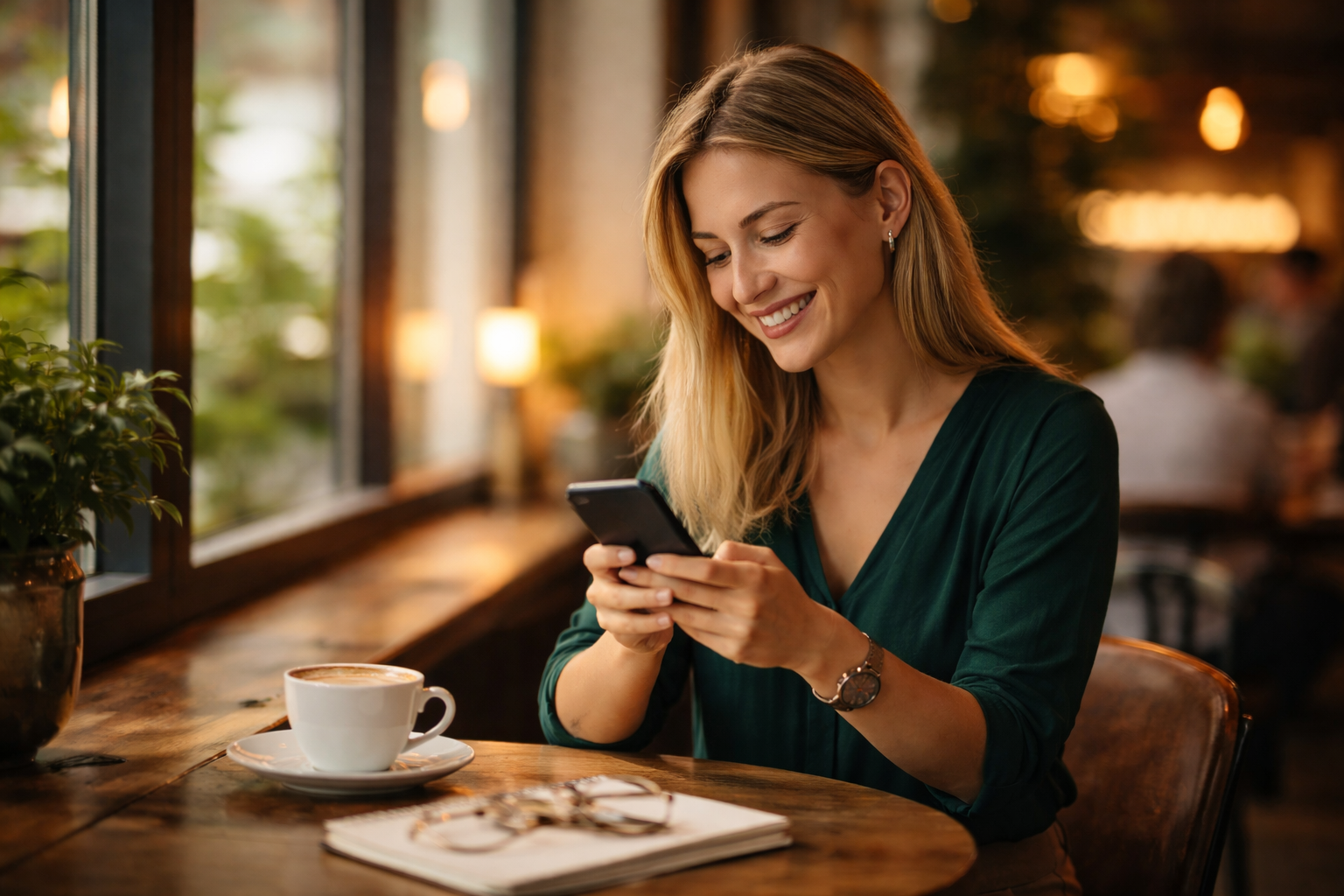 Mulher sorrindo ao ler mensagem no smartphone em café