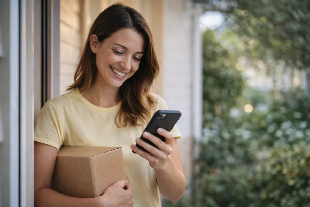 Cliente recebendo entrega e verificando no celular