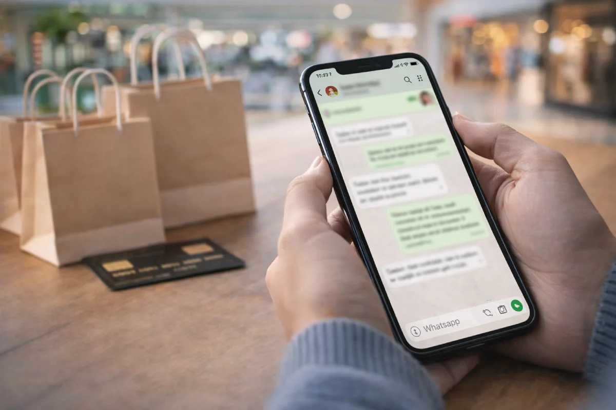Mãos segurando smartphone com conversa de compra