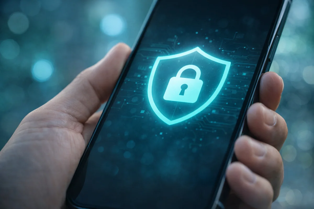 Smartphone com ícone de segurança digital