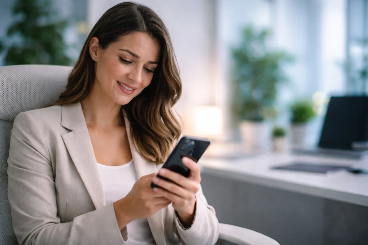 Profissional confiante usando smartphone em escritório