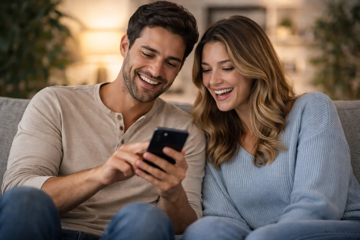 Amigos rindo enquanto compartilham algo no celular