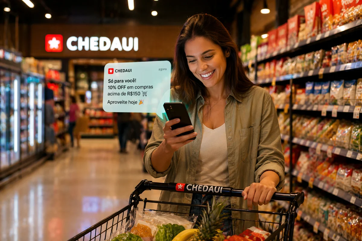 Cliente usando celular enquanto faz compras no supermercado